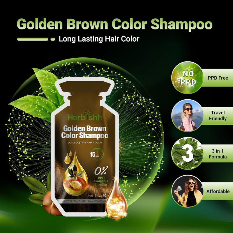 PPD Free Golden Brown  Hair Color Shampoo 10 Sachet - Herbishh