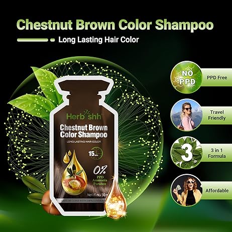 PPD Free Chestnut Brown  Hair Color Shampoo 10 Sachet - Herbishh