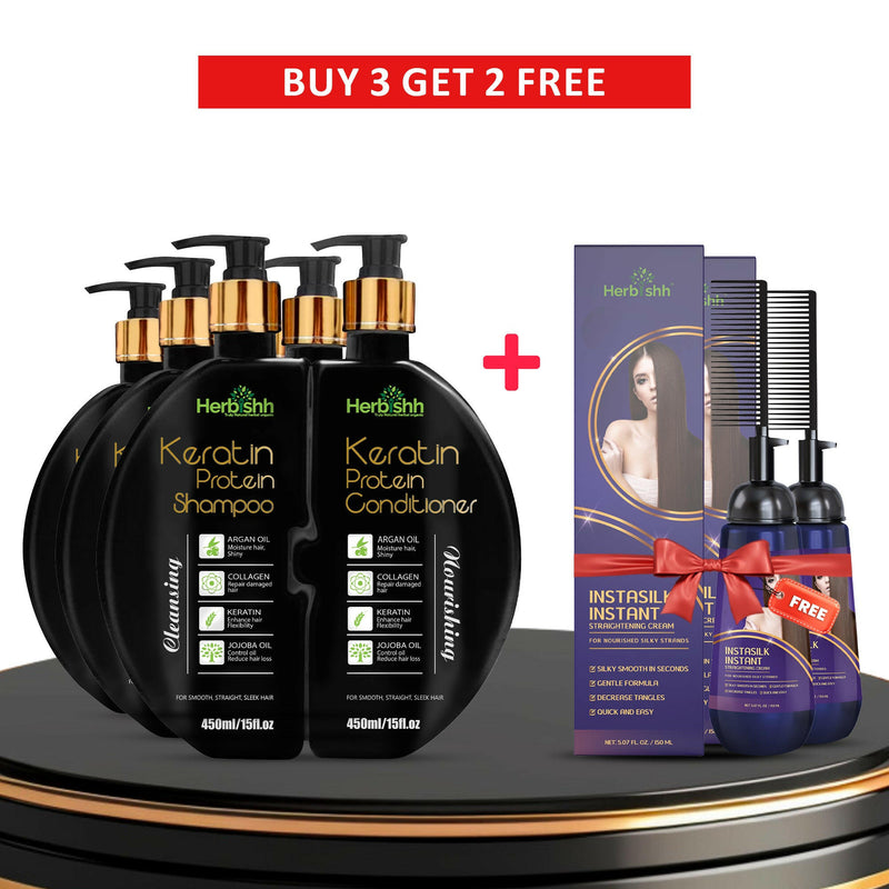 Buy 3pcs Keratin Shampoo & Conditioner set get 2 Instant Hair Straightener Cream free