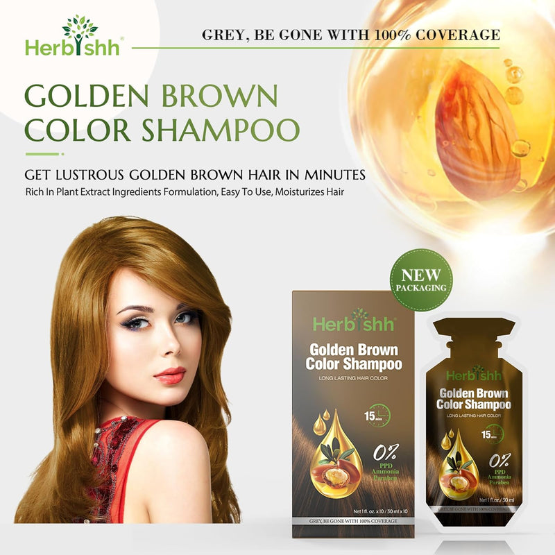 PPD Free Golden Brown  Hair Color Shampoo 10 Sachet - Herbishh