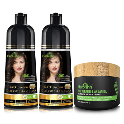 Pack of 2pcs Dark brown Hair Color Shampoo & 1pc Argan Hair Mask-Herbishh