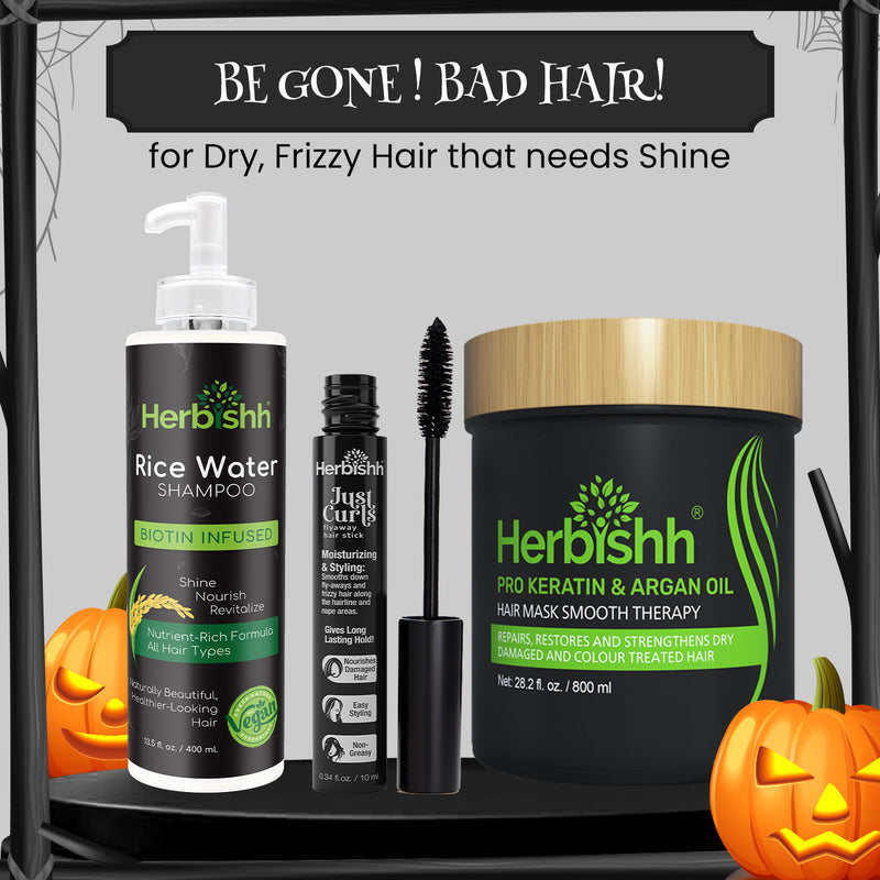 Pro-Keratin and Argan Oil Hair Mask + Rice Water Shampoo+ Just Curls Flyaway Hair stick