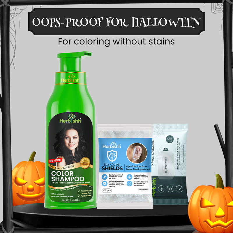 Herbishh Hair Color Shampoo + Ear Cover Shields + Hair Color Stain Remover Wipes