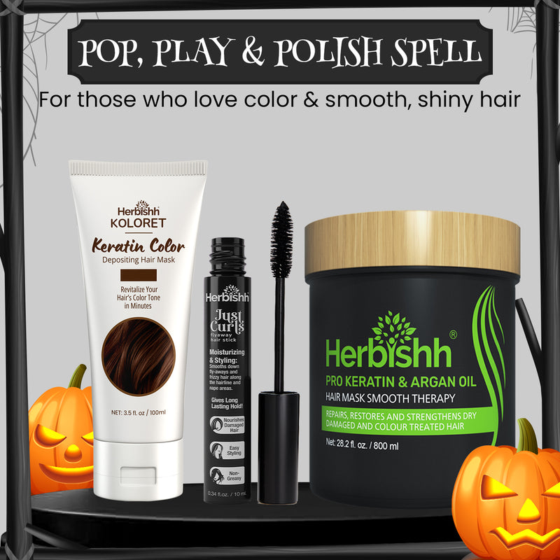 Keratin Color Depositing Hair Mask + Pro Keratin & Argan Hair Mask + Just Curls Flyaway Hair stick
