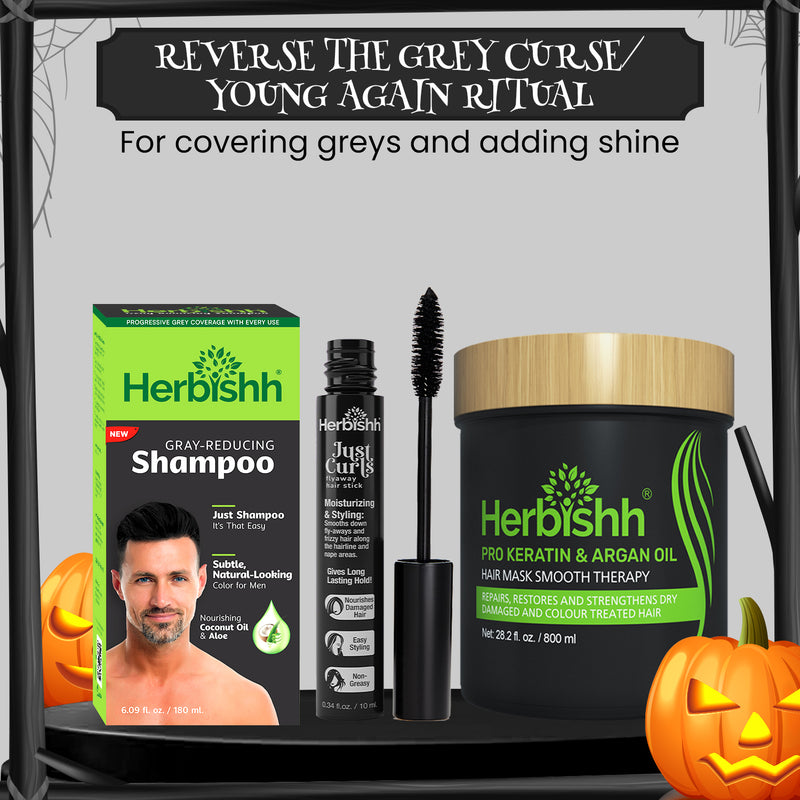 Herbishh Gray Reducing Shampoo + Pro Keratin & Argan Hair Mask + Just Curls Flyaway Hair stick